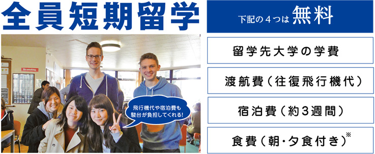 全員短期留学 下記の4つは無料 留学先大学の学費 渡航費(往復飛行機代) 宿泊費(約3週間) 食費(朝・夕食付き)