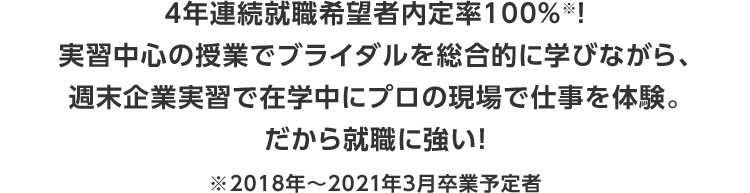 4年連続就職希望者内定率100％※！実習中心の授業でブライダルを総合的に学びながら、週末企業実習で在学中にプロの現場で仕事を体験。だから就職に強い！※2018年〜2021年3月卒業予定者